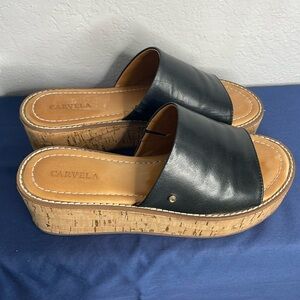 CARVELA Anthropologie black leather cork platform slip on sandals size 36.5